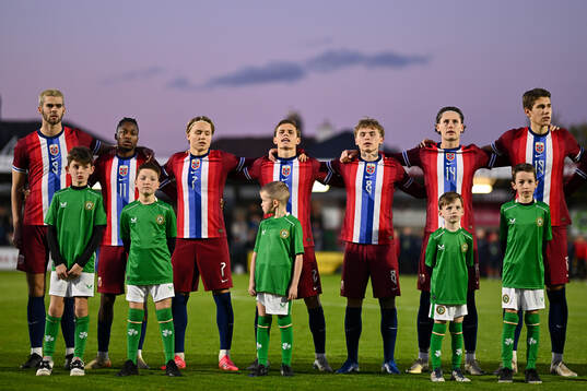 Lasse Nordås, Joel Mvuka, Andreas Schjelderup, Oliver Braude, Isak Hansen-Aarøen, Mathias Fjørtoft Løvik and Eivind Helland of Norway ahead of the UEFA European Under-21 Qualifier football match between Ireland and Norway on October 11, 2024 in Cork. 