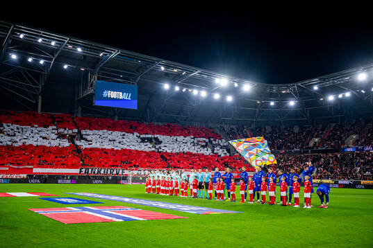 General view of Raiffeisen Arena as the teams line up ahead of the Nations League football match between Austria and Norway on October 13, 2024 in Linz. 