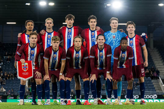 The starting eleven of Norway, from the top left; Robin Dahl Østrøm, Lasse Nordås, Tobias Kvalvågnes Guddal, Eivind Fauske Helland, Sander Tangvik, Sverre Nypan, Kristian Malt Arnstad, Sindre Walle Egeli, Andreas Schjelderup, Mathias Fjørtoft Løvik and Joel Mugisha poses for a team group photo ahead of of the UEFA European Under-21 Qualifier football match between Norway and Turkey on October 15, 2024 in Stavanger. 
