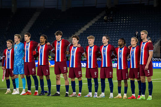 Kristian Malt Arnstad, Sander Tangvik, Eivind Fauske Helland, Robin Dahl Østrøm, Tobias Kvalvågnes Guddal, Sverre Nypan, Sindre Walle Egeli, Mathias Fjørtoft Løvik, Joel Mugisha, Andreas Schjelderup and Lasse Nordås of Norway ahead of the UEFA European Under-21 Qualifier football match between Norway and Turkey on October 15, 2024 in Stavanger. 