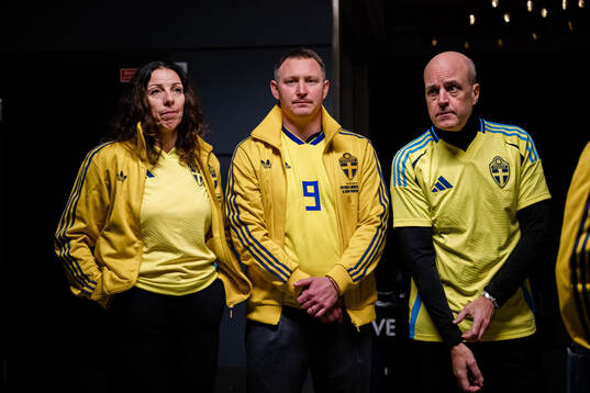 General secretary Andrea Möllerberg, Head of football Kim Källström and President Fredrik Reinfeldt of the Swedish Football Association