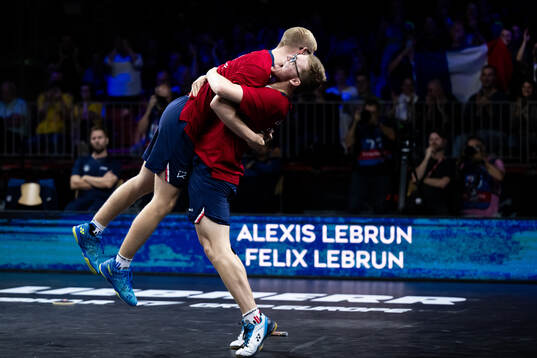 Felix Lebrun and Alexis Lebrun of France celebrate after the men's doubles final against Truls Möregårdh and Anton Källberg of Sweden