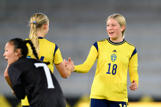 Thea Carlsson of Sweden celebrates after the UEFA Women's Under-17 qualifiers between Sweden and Kazakhstan on October 23, 2024 in Borås. 
