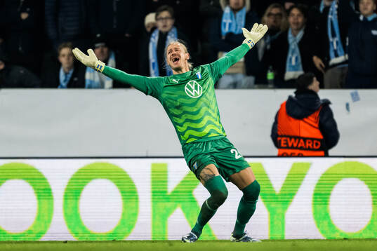 Goalkeeper Johan Dahlin of Malmö FF reacts