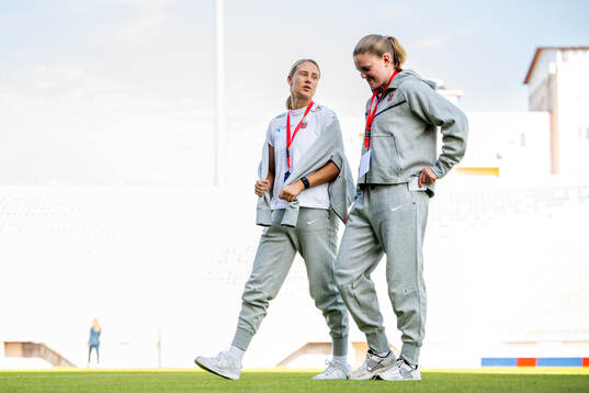 Lisa Naalsund and Signe Gaupset of Norway ahead of the UEFA Women's Euro Qualifier first round play-off football match between Albania and Norway on October 25, 2024 in Shkodër. 