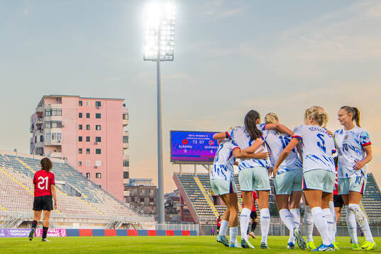Mathilde Harviken of Norway celebrates with Ingrid Syrstad