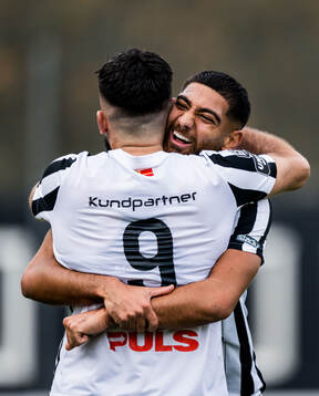 Landskronas Edi Sylisufaj och Rassa Rahmani jublar efter 2-0