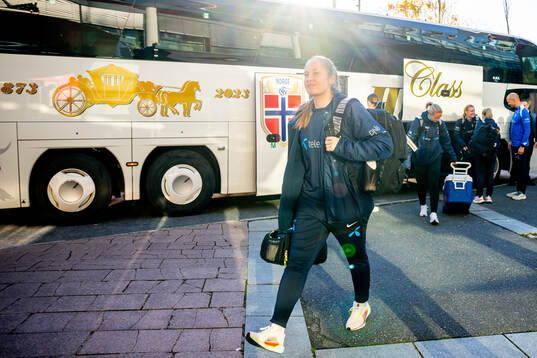 Goalkeeper Aurora Mikalsen of the Norwegian women's national football team arrives ahead of a training session on October 28, 2024 in Oslo. 