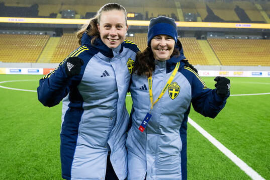 Goalkeeper coach Kristin Oscarsson and Head coach Lotta Hellenberg of Sweden celebrates after the UEFA Women's Under-17 qualifiers between Estonia and Sweden on October 29, 2024 in Borås. 
