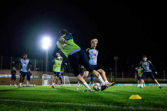 Goalkeeper Jacob Widell Zetterström and Lucas Bergvall of the Swedish men's football national team at a training session
