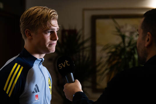 Lucas Bergvall of the Swedish men's football national team in mixed zone