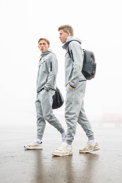 Marcus Holmgren Pedersen and Jens Petter Hauge of the Norwegian national football team ahead of boarding a flight at Oslo airport on November 13, 2024 in Oslo. 