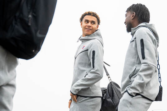Antonio Nusa and Warren Kamanzi of the Norwegian national football team ahead of boarding a flight at Oslo airport on November 13, 2024 in Oslo. 