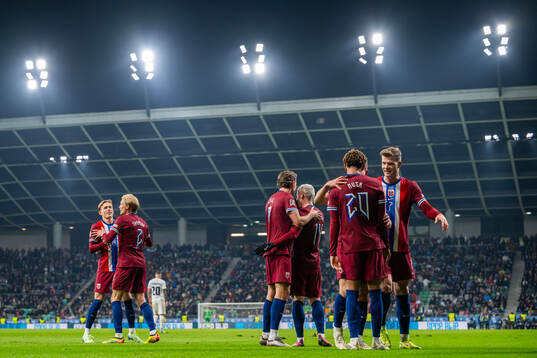 Antonio Nusa of Norway celebrates with teammate Alexander Sørloth after scoring 1-3