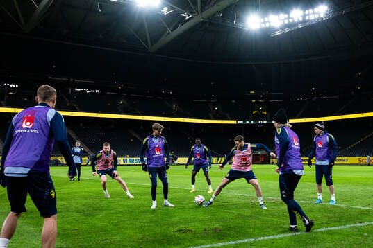 Dejan Kulusevski, Anton Salétros, Ken Sema, Gabriel Gudmundsson, Emil Forsberg and Victor Nilsson Lindelöf of the Swedish men's football national team at a training session