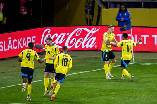 Viktor Gyökeres of Sweden celebrates scoring 1-0