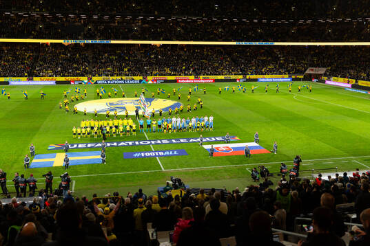 The teams line up ahead of the Nations League football match between Sweden and Slovakia on November 16, 2024 in Stockholm. 