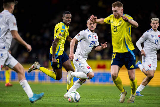 Alexander Isak and Dejan Kulusevski of Sweden and Stanislav