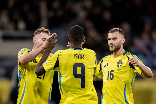Dejan Kulusevski, Alexander Isak and Jesper Karlström of Sweden celebrate a goal that was later disallowed