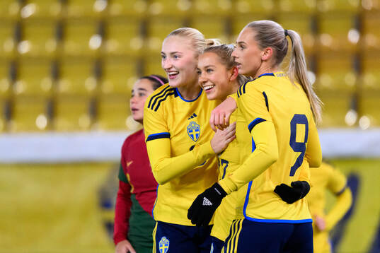 Wilma Leidhammar, Sara Eriksson and Ellen Wangerheim of Sweden celebrates after 2-0 scored by Sara Eriksson