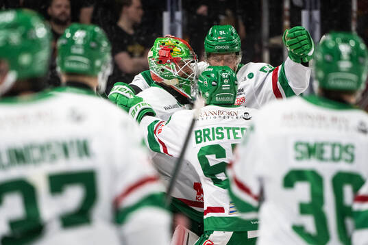 Rögles målvakt Christoffer Rifalk jublar med lagkamrater