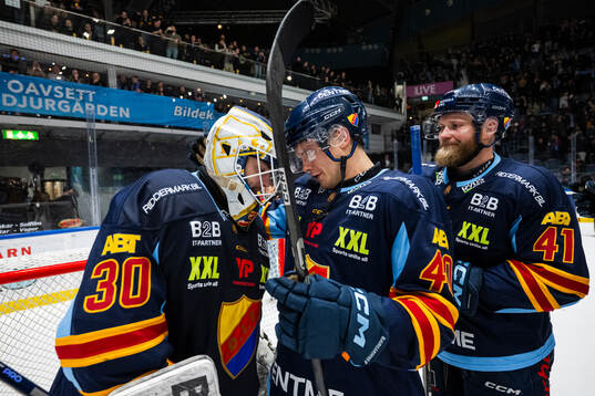 Djurgårdens målvakt Hugo Hävelid jublar med Arvid Costmar