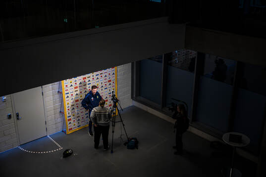 Head coach Peter Gerhardsson of the Swedish women's national football team in the mixed zone