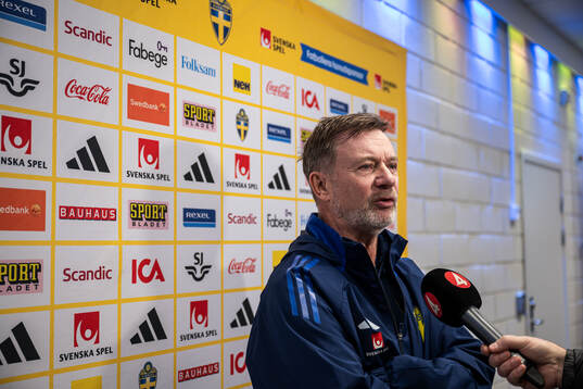 Head coach Peter Gerhardsson of the Swedish women's national football team in the mixed zone