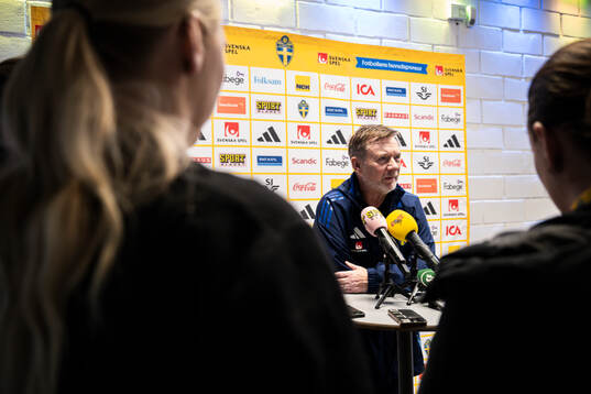 Head coach Peter Gerhardsson of the Swedish women's national football team in the mixed zone