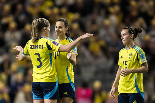 Linda Sembrant, Nathalie Björn, and Julia Zigiotti Olme of Sweden celebrating