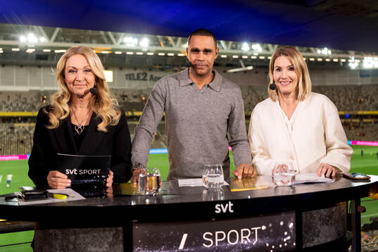 Jane Björck, Daniel Nannskog and Hanna Marklund, Swedish Television SVT, ahead of the UEFA Women's Euro Qualifier play-off football match between Sweden and Serbia on December 3, 2024 in Stockholm. 