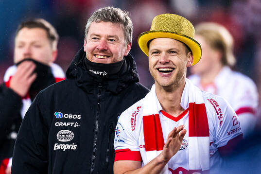 Andreas Hagen, head coach of Fredrikstad, and Morten Bjørlo of Fredrikstad celebrates