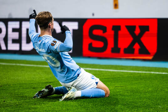 Erik Botheim of Malmö FF celebrates after scoring 1-0