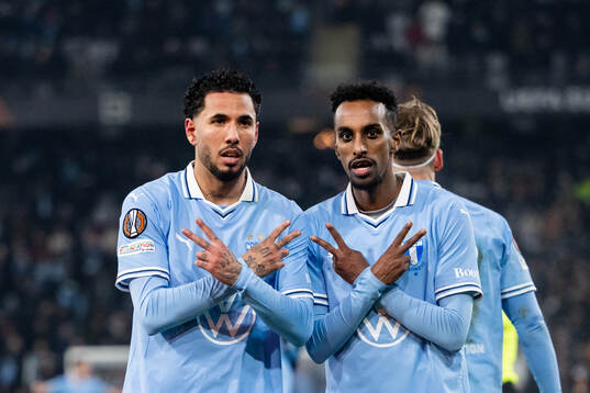 Sergio Pena and Taha Ali of Malmö FF celebrate after 2-2