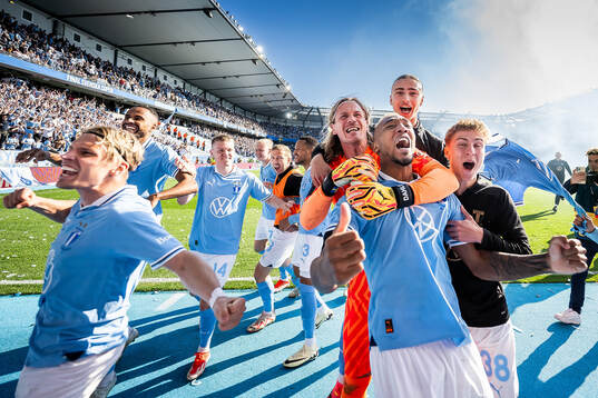 This picture is part of Bildbyrån’s selection of best sports photos from 2024. Originally published 240501 Jens Stryger Larsen, Isaac Thelin, Sebastian Vinther Jørgensen, Otto Rosengren, Anton Tinnerholm, Martin Olsson, goalkeeper Johan Dahlin, Derek Cornelius, Elison Makolli and Hugo Bolin of Malmö FF celebrate after the penalty shootout