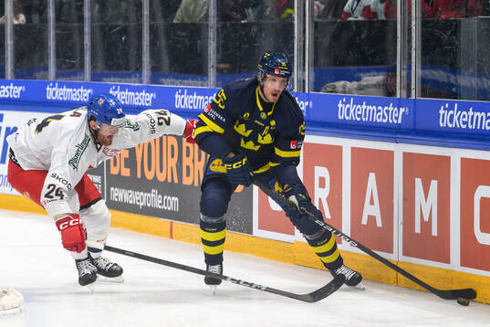 Jacob de la Rose of Sweden in the ice hockey game between