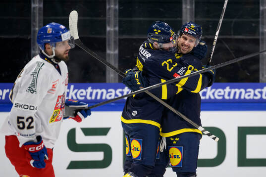 Lucas Wallmark and Mathias Bromé of Sweden celebrate in