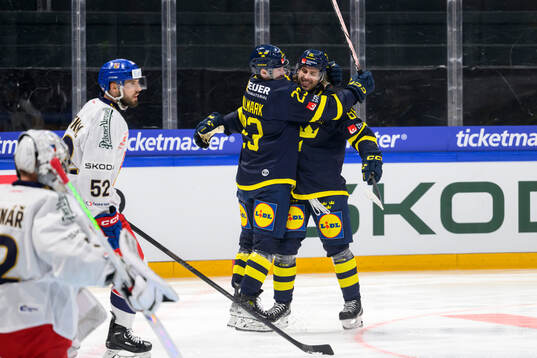 Lucas Wallmark and Mathias Bromé of Sweden celebrate in