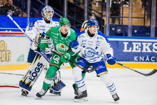 Leksands målvakt Jakob Hellsten och Rögles Carter Ashton