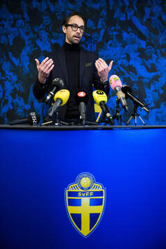 Tobias Tibell, acting general secretary of the Swedish Football Association, at a press conference following the decision to terminate the assignment of general secretary Andrea Möllerberg,