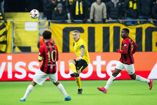 Sebastian Holmen of Elfsborg and Youssoufa Moukoko of Nice