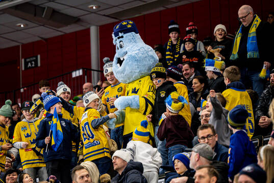 Fans take pictures with the IIHF 2025 Stockholm Ice Hockey