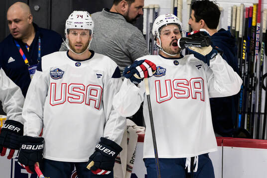 Jaccob Slavin and Auston Matthews of USA at a practice