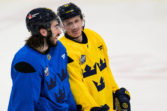 Mika Zibanejad and Gustav Nyquist of Sweden at a practice