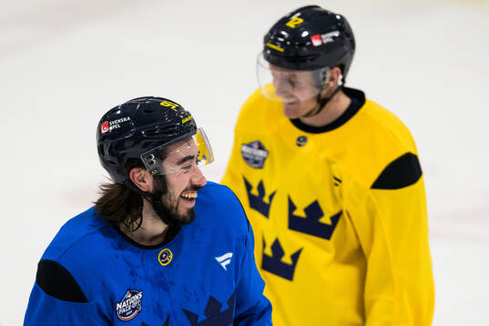 Mika Zibanejad and Gustav Nyquist of Sweden at a practice