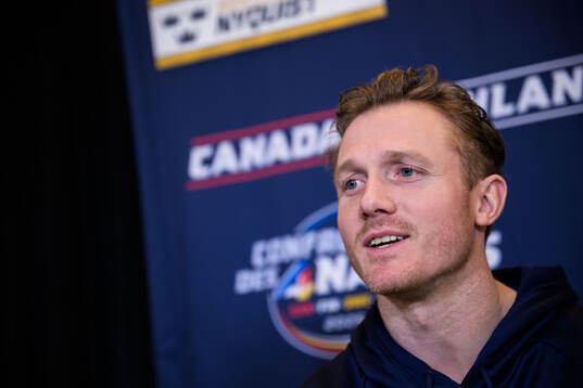 Gustav Nyquist of Sweden is being interviewed by media