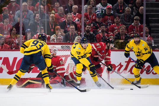 Mika Zibanejad, Rickard Rakell and Mattias Ekholm of Sweden