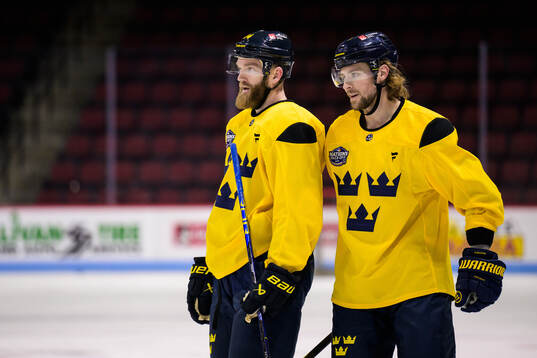 Mattias Ekholm and Adrian Kempe of Sweden at a practice