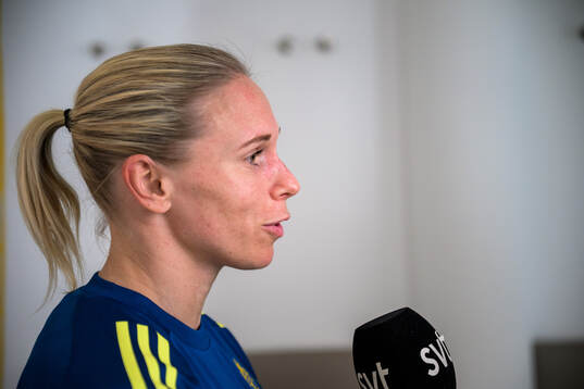 Jonna Andersson of the women’s national football team of Sweden is interviewed by the media