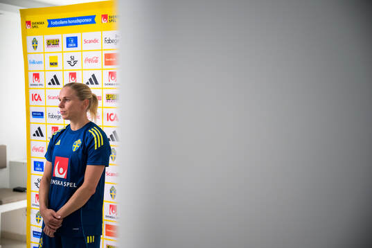Jonna Andersson of the women’s national football team of Sweden is interviewed by the media